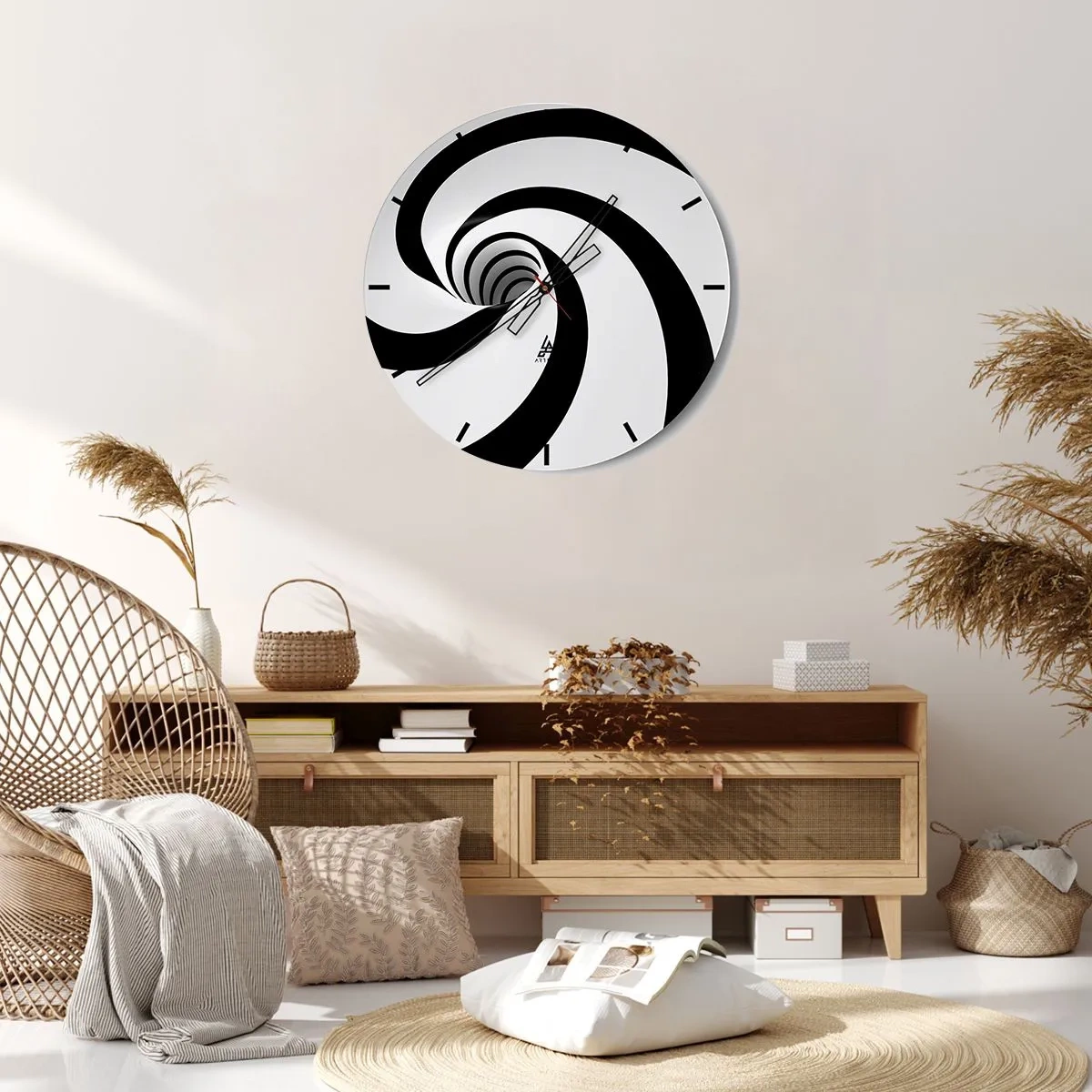 Ceas de perete - Ceas pe sticlă - Spirală dinamică alb-negru - 30x30cm - Să te predai vortexului? - Decorațiune modernă pentru perete pentru living, bucătărie și dormitor ARTTOR
