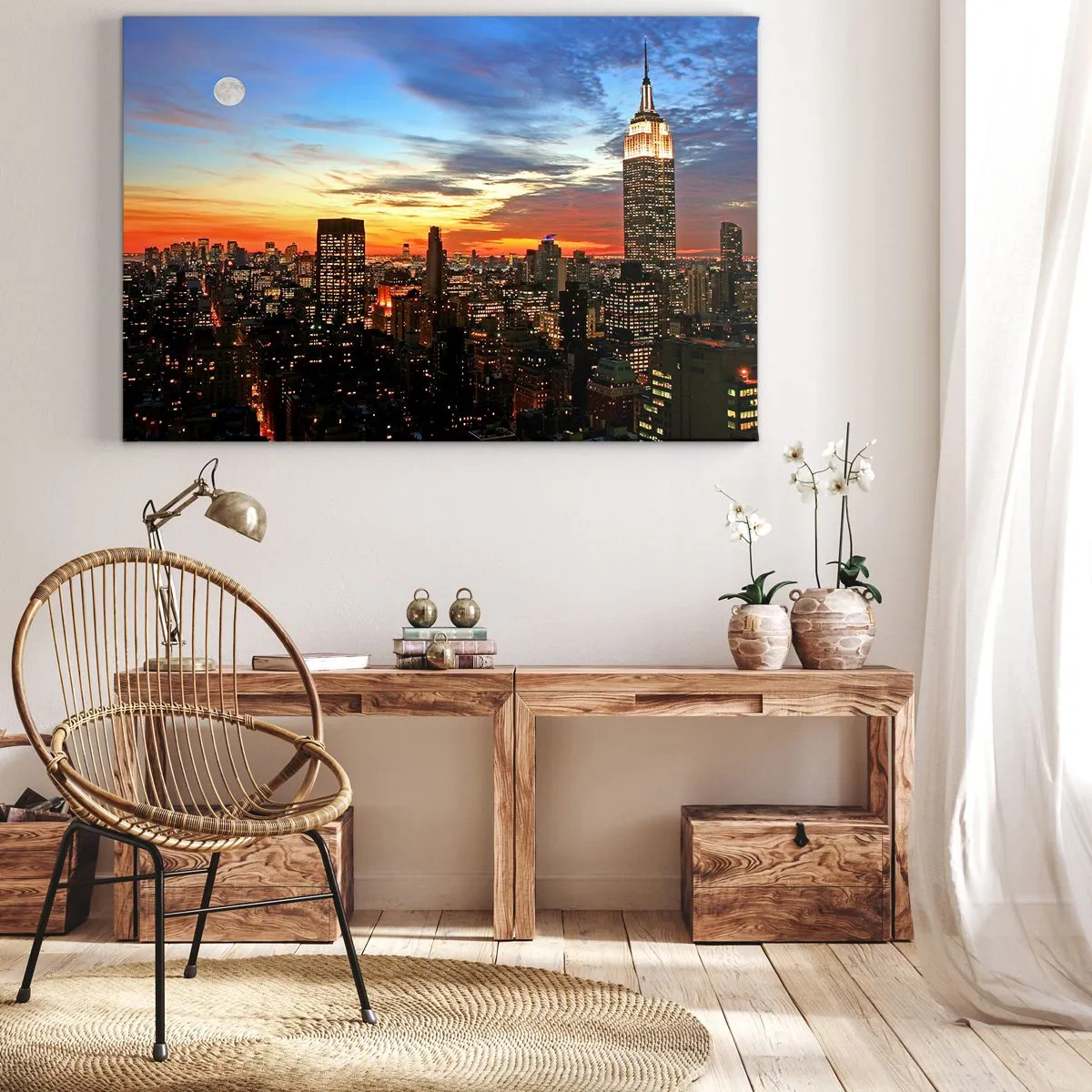 Tablou pe pânză Canvas - Panoramă a orașului cu zgârie-nori iluminați la amurg - 70x50cm - O noapte americană luminoasă - Decorațiune modernă pentru perete pentru living și dormitor ARTTOR