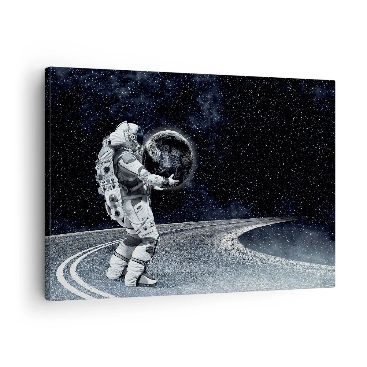Tablou pe pânză Canvas - Astronautul cu Pământul pe fundalul cerului înstelat - 70x50cm - Pe Calea Lactee - Decorațiune modernă pentru perete pentru living și dormitor ARTTOR
