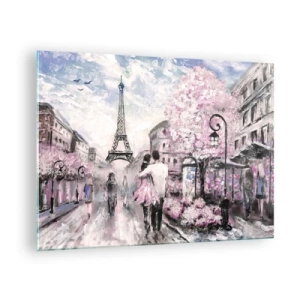 Tablou pe sticlă - Cuplu romantic la Paris cu Turnul Eiffel în fundal - 70x50cm - Dacă ar fi să te îndrăgostești, atunci doar de... - Decorațiune modernă pentru perete pentru living și dormitor ARTTOR