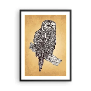 Poster în ramă neagră - O bufniță stilizată într-un model ornamental pe un fundal bej. - 50x70cm - Ornamente complicate de înțelepciune - Decorațiune modernă pentru perete pentru living și dormitor ARTTOR