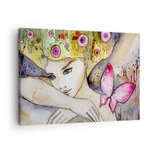 Tablou pe pânză Canvas - O femeie cu o coafură abstractă și un fluture roz - 70x50cm - Prințesa fluture - Decorațiune modernă pentru perete pentru living și dormitor ARTTOR