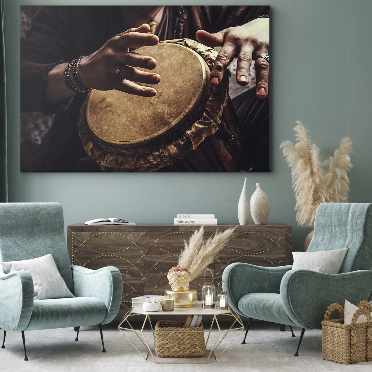 Tablou pe pânză Canvas - Mâini cântând la o tobă tradițională djembe - 70x50cm - În ritmul inimii - Decorațiune modernă pentru perete pentru living și dormitor ARTTOR