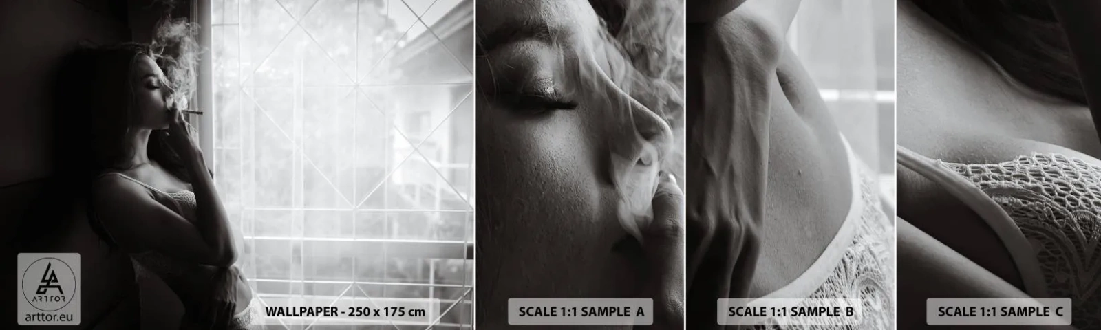 Mostră tapet autocolant Deluxe Sticker - Un moment senzual - Femeie, Ţigară, Dormitor - 100x30 cm