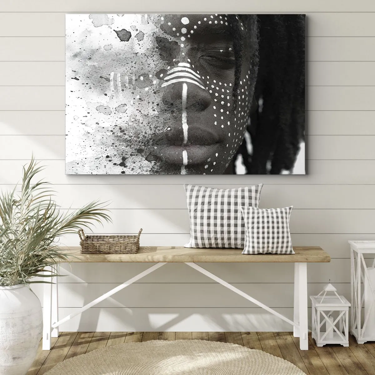 Tablou pe pânză Canvas - Portret artistic al feței cu modele abstracte albe - 70x50cm - Descoperă spiritul original - Decorațiune modernă pentru perete pentru living și dormitor ARTTOR