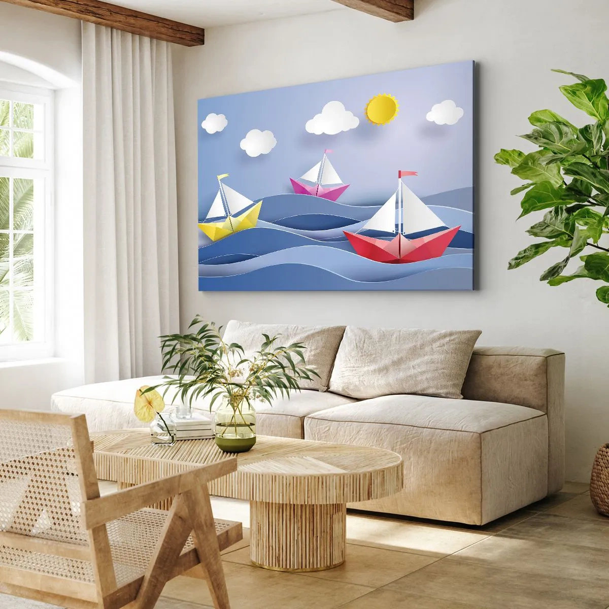 Tablou pe pânză Canvas - Bărci cu pânze colorate pe valuri într-o zi însorită - 70x50cm - Ah, ce plăcut e să te legeni printre valuri - Decorațiune modernă pentru perete pentru living și dormitor ARTTOR