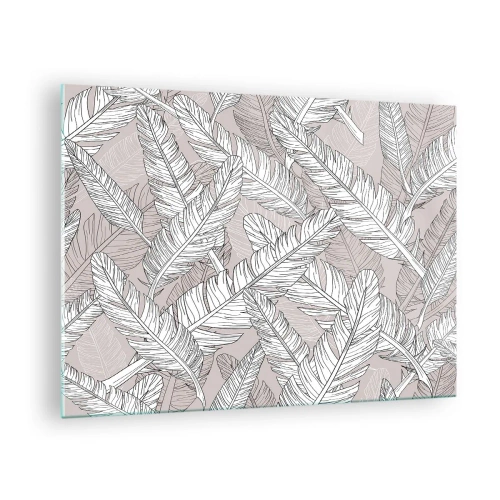 Tablou pe sticlă - Frunze alb-negru pe fundal bej într-un stil grafic - 70x50cm - Vijelie cu pene - Decorațiune modernă pentru perete pentru living și dormitor ARTTOR