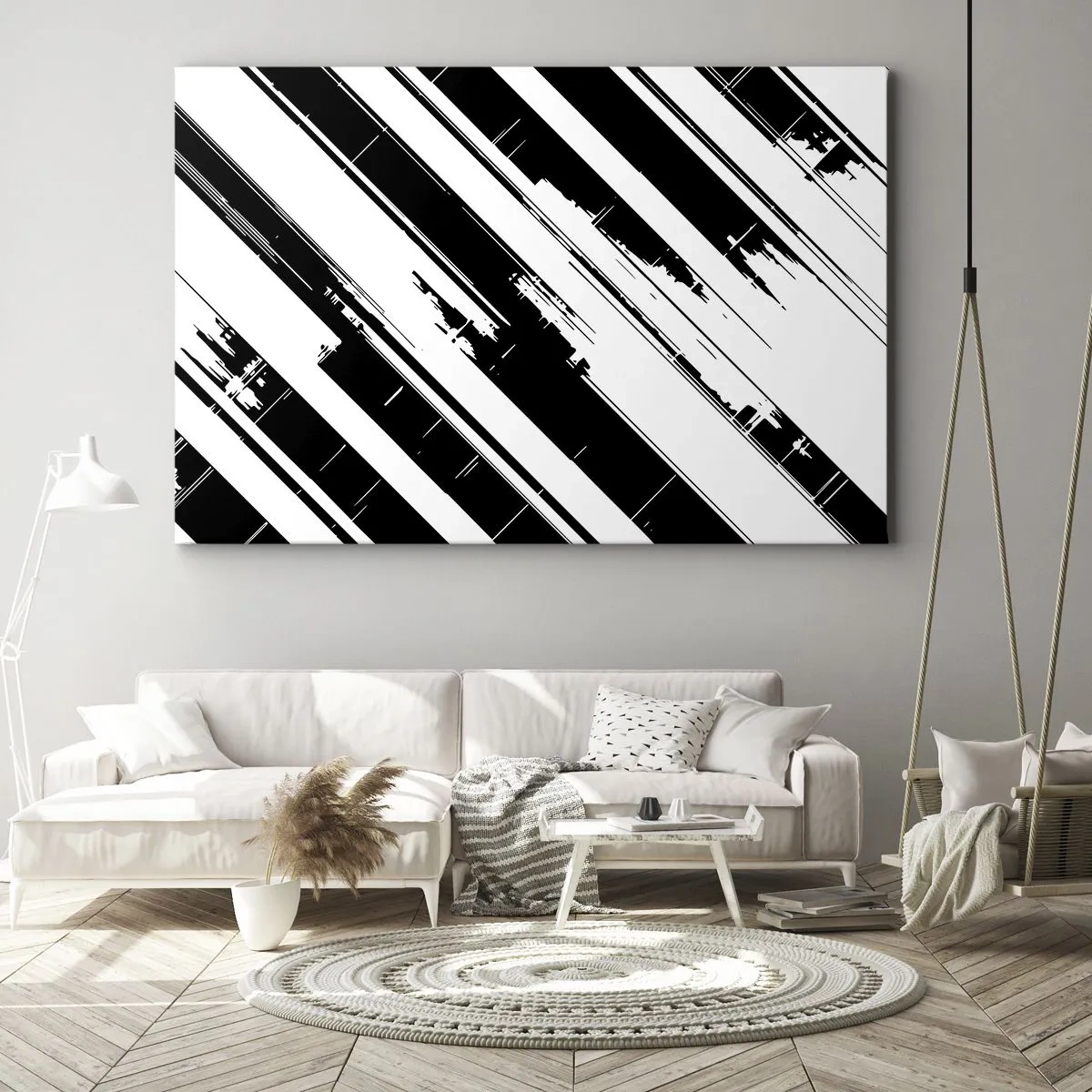 Tablou pe pânză Canvas - Linii alb-negru și modele geometrice într-un stil modern - 70x50cm - Compoziție intensă și dinamică - Decorațiune modernă pentru perete pentru living și dormitor ARTTOR