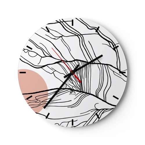 Ceas de perete - Ceas pe sticlă - Linii negre artistice asemănătoare cu crenguțe pe un fundal alb - 30x30cm - Într-o rețea de crengi - Decorațiune modernă pentru perete pentru living, bucătărie și dormitor ARTTOR