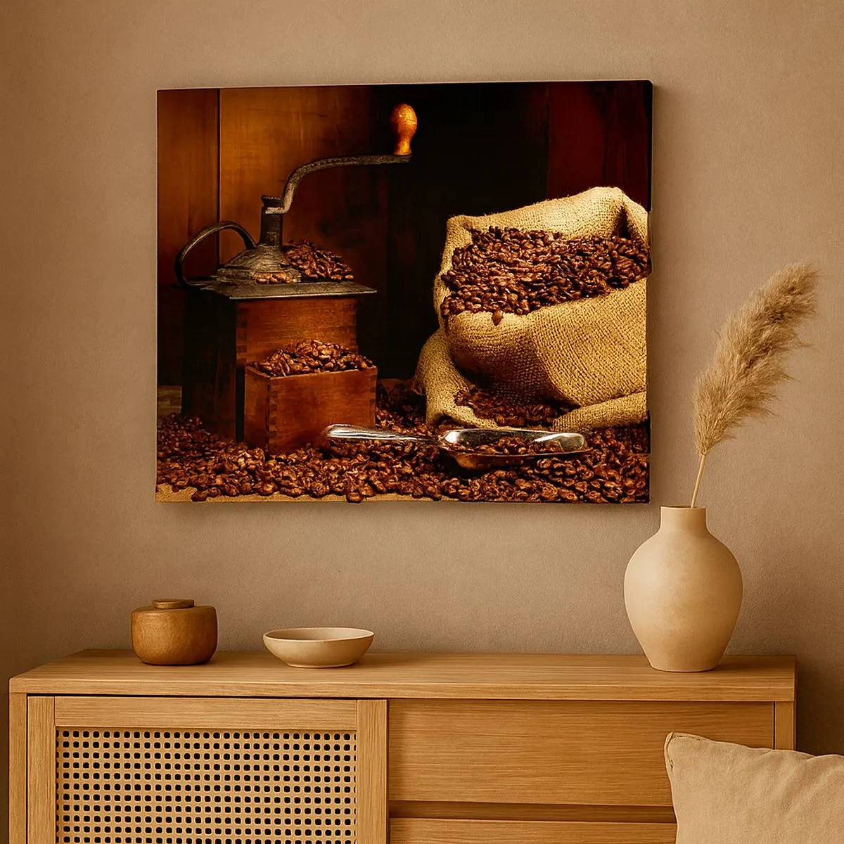 Tablou pe pânză Canvas - O râșniță de cafea veche cu boabe și o pungă, în stil rustic. - 70x50cm - Natură moartă cu boabe de cafea și măcinător - Decorațiune modernă pentru perete pentru living și dormitor ARTTOR