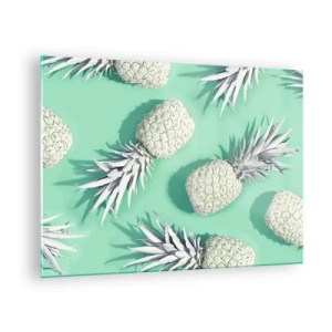 Tablou pe sticlă - Ananas alb pe fundal de mentă într-o compoziție artistică - 70x50cm - Merge bine cu mentă - Decorațiune modernă pentru perete pentru living și dormitor ARTTOR