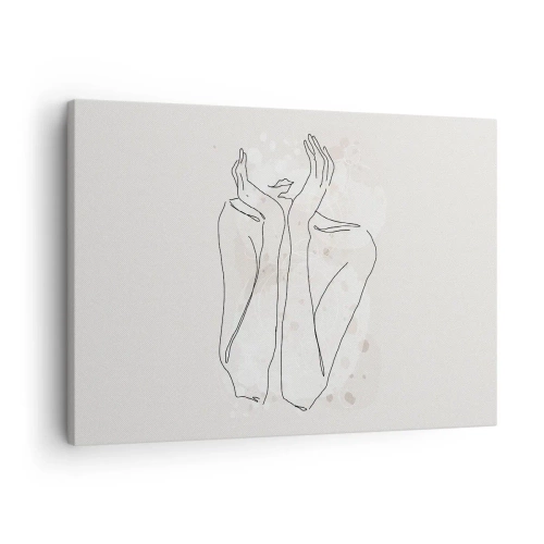Tablou pe pânză Canvas - Linie de contur care arată mâinile unei femei pe un fundal deschis la culoare - 70x50cm - Un moment pentru vis - Decorațiune modernă pentru perete pentru living și dormitor ARTTOR