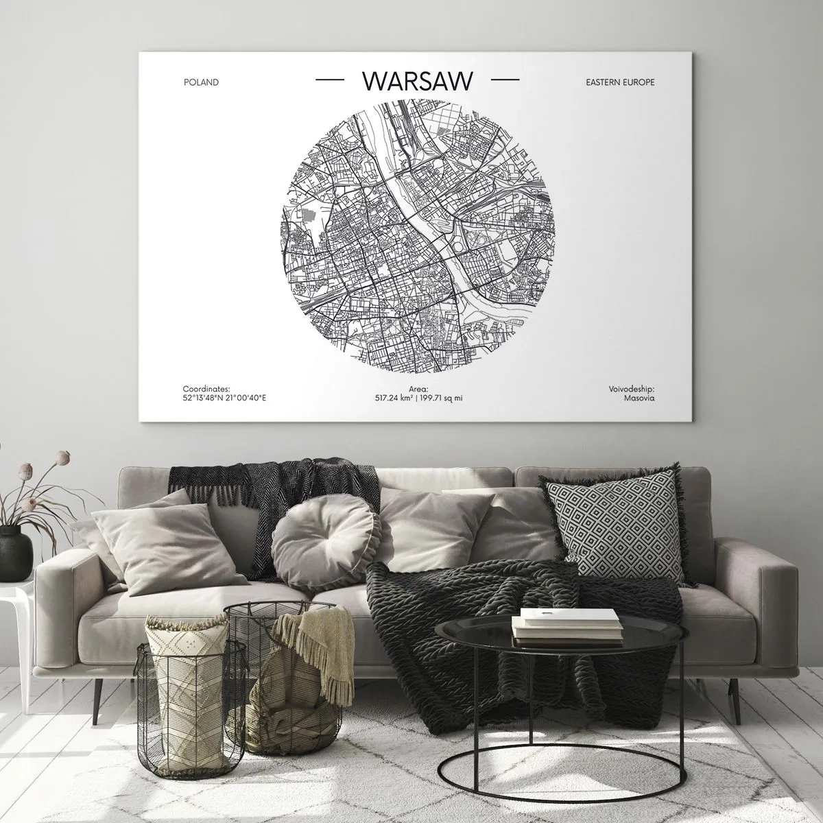 Tablou pe sticlă - Harta Varșoviei sub formă de ilustrație grafică - 70x50cm - Anatomia Varșoviei - Decorațiune modernă pentru perete pentru living și dormitor ARTTOR