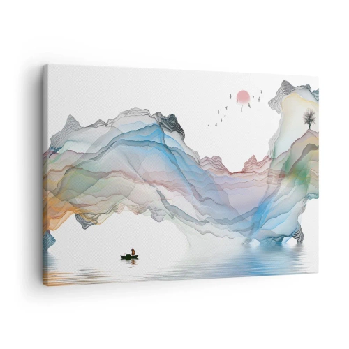 Tablou pe pânză Canvas - Un peisaj subtil cu munți, apă și o barcă - 70x50cm - Spre munții de cristal - Decorațiune modernă pentru perete pentru living și dormitor ARTTOR