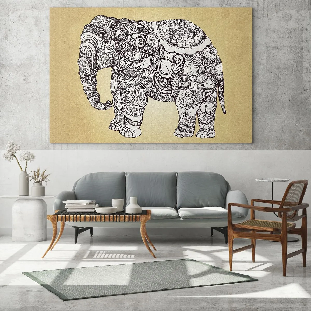 Tablou pe sticlă - Elefant alb-negru cu modele orientale pe un fundal bej - 70x50cm - Elefantul oriental - Decorațiune modernă pentru perete pentru living și dormitor ARTTOR