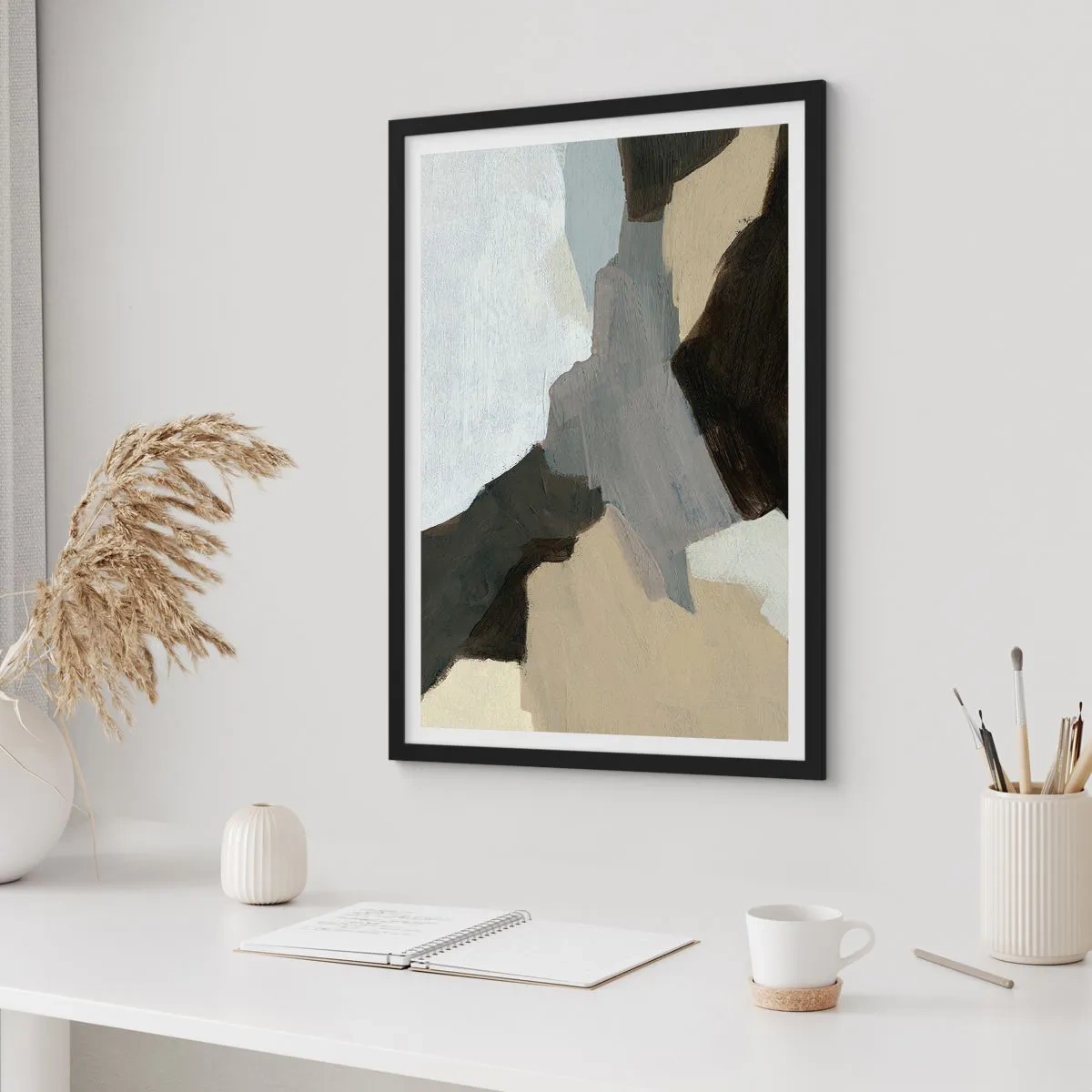 Poster în ramă neagră - Compoziție abstractă în culori estompate - 50x70cm - Abstracție: despărțirile griului - Decorațiune modernă pentru perete pentru living și dormitor ARTTOR