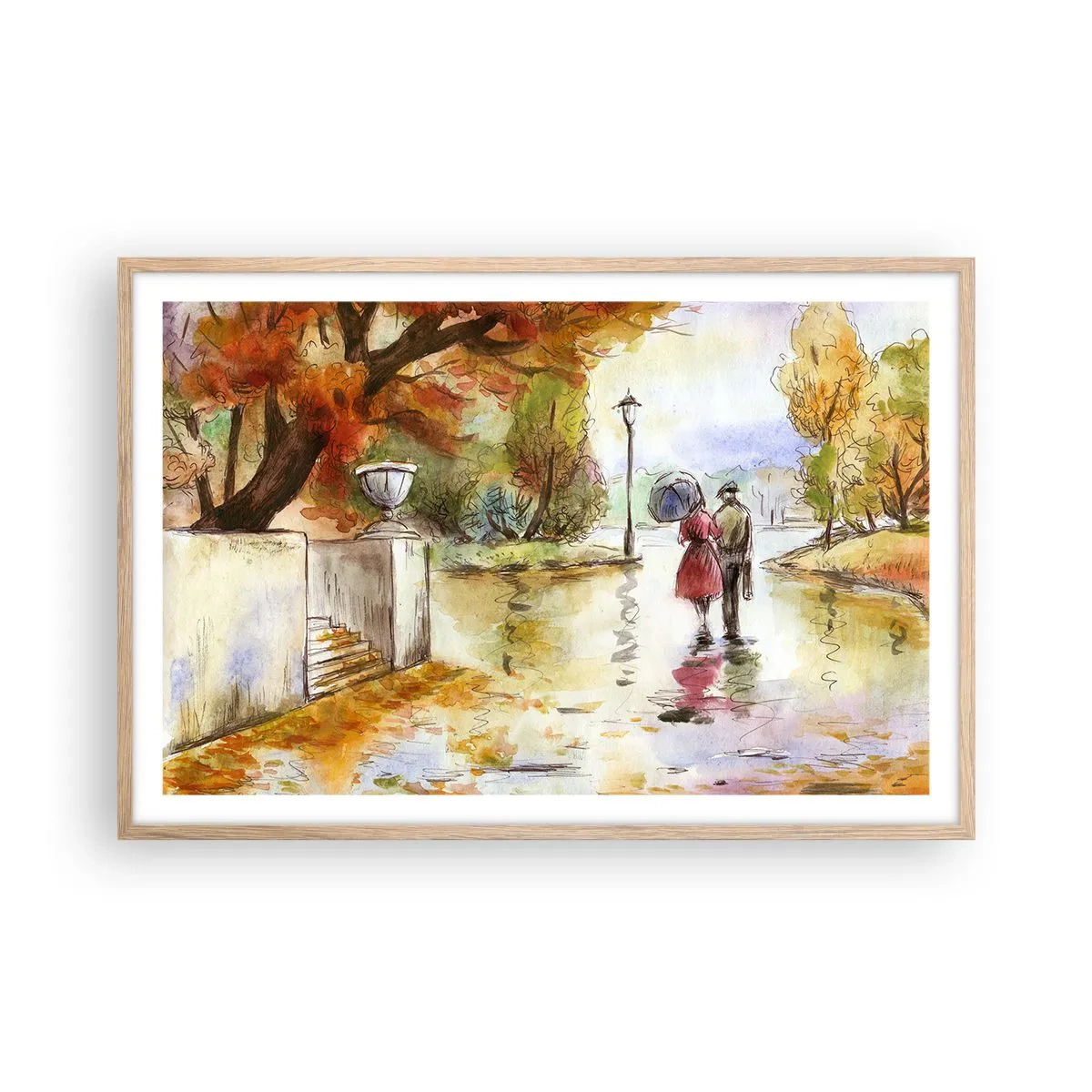 Poster în ramă de stejar deschis - Toamnă romantică în parc - 91x61 cm
