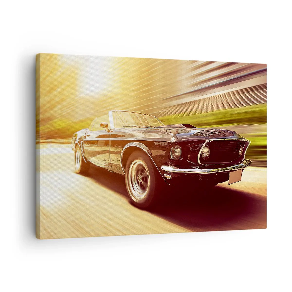 Tablou pe pânză Canvas - O mașină clasică în mișcare pe fundalul unui oraș - 70x50cm - 1967 - întoarcerea unei legende - Decorațiune modernă pentru perete pentru living și dormitor ARTTOR