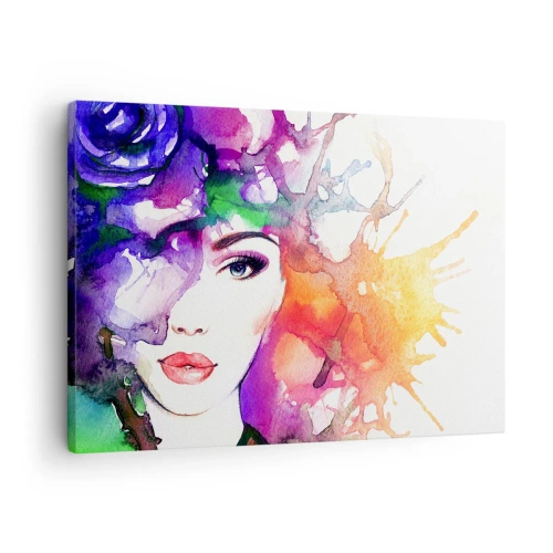 Tablou pe pânză Canvas - Portret de femeie în culori de acuarelă cu pete abstracte - 70x50cm - Cu capul în nori - Decorațiune modernă pentru perete pentru living și dormitor ARTTOR