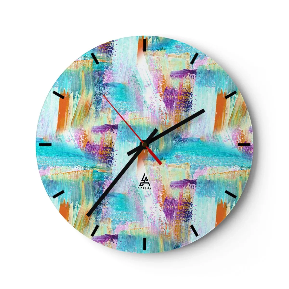 Ceas de perete - Ceas pe sticlă - Tușe de vopsea abstracte în culori vibrante - 30x30cm - Mâzgălire veselă - Decorațiune modernă pentru perete pentru living, bucătărie și dormitor ARTTOR