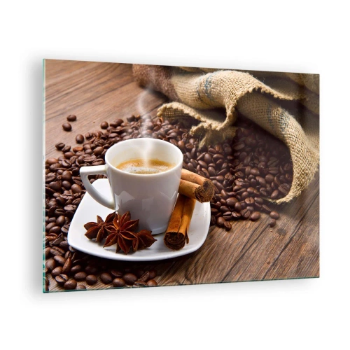 Tablou pe sticlă - O ceașcă de cafea cu scorțișoară și boabe de cafea pe o masă de lemn - 70x50cm - Gust și aromă de mirodenii - Decorațiune modernă pentru perete pentru living și dormitor ARTTOR