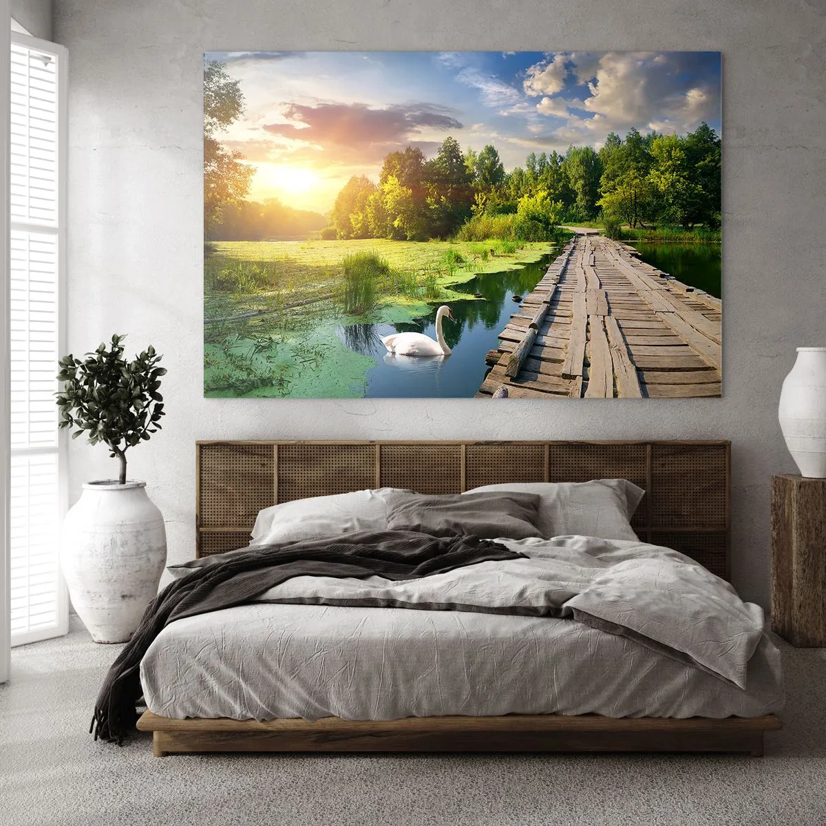 Tablou pe sticlă - ponton de lemn peste un lac cu o lebădă la apus - 70x50cm - Vară, vară peste tot - Decorațiune modernă pentru perete pentru living și dormitor ARTTOR