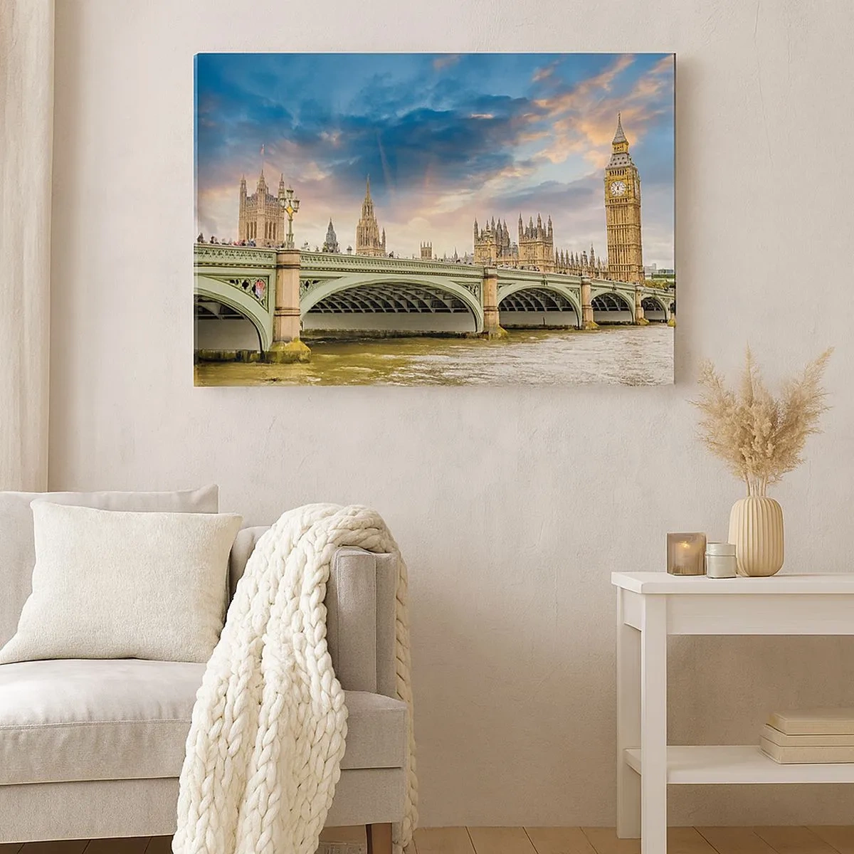 Tablou pe pânză Canvas - Big Ben și Westminster Bridge pe fundalul cerului la amurg - 70x50cm - Timpul s-a oprit în Imperiu - Decorațiune modernă pentru perete pentru living și dormitor ARTTOR