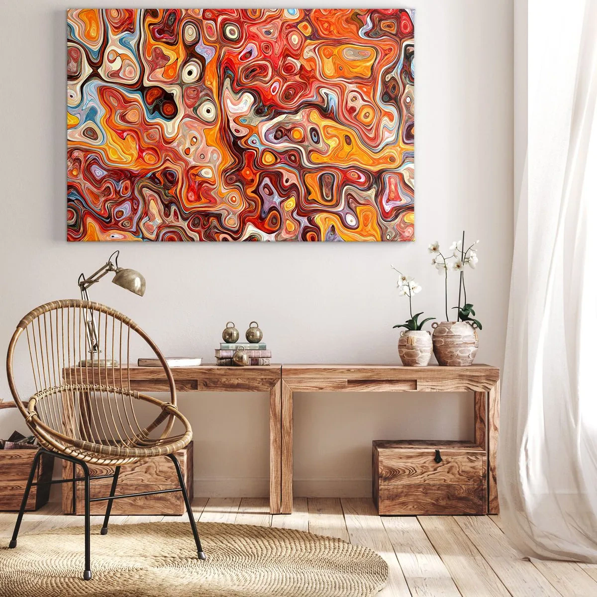 Tablou pe pânză Canvas - O compoziție abstractă în nuanțe calde de roșu, portocaliu și galben. - 70x50cm - Dacă nucile s-au topit în miere - Decorațiune modernă pentru perete pentru living și dormitor ARTTOR