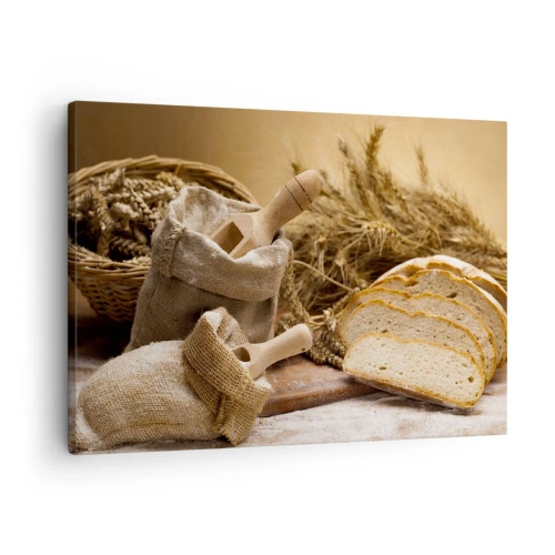 Tablou pe pânză Canvas - Un peisaj cu pâine, făină și spice de grâu în stil rustic. - 70x50cm - Oprire violentă - Decorațiune modernă pentru perete pentru living și dormitor ARTTOR