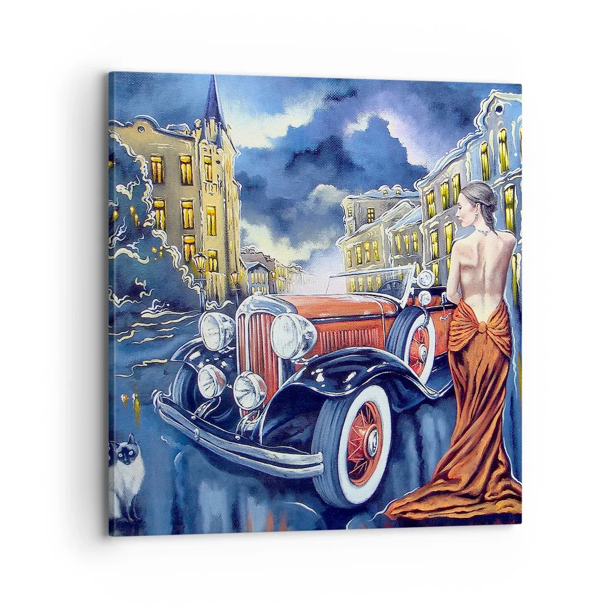 Tablou pe pânză - Nocturne în albastru și coral - 70x70 cm