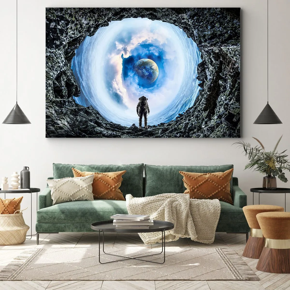 Tablou pe pânză Canvas - Astronautul pe fundalul unui peisaj spațial cu Pământul în fundal - 70x50cm - Nu departe de casă - Decorațiune modernă pentru perete pentru living și dormitor ARTTOR