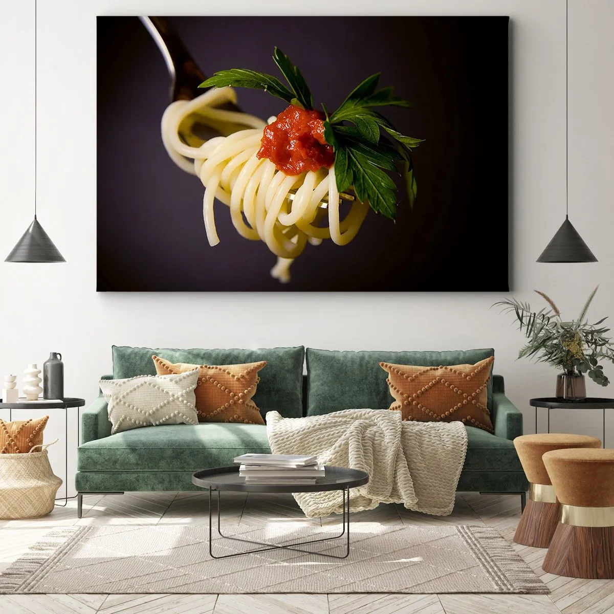 Tablou pe pânză Canvas - Paste spaghete la furculiță cu sos de roșii și pătrunjel - 70x50cm - Mușcătură gustoasă - Decorațiune modernă pentru perete pentru living și dormitor ARTTOR