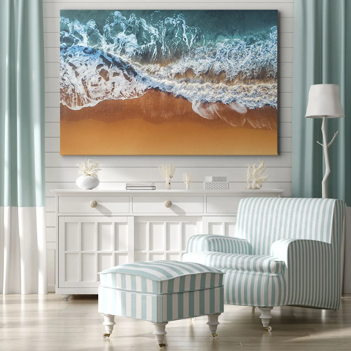Tablou pe pânză Canvas - Vedere aeriană a valurilor oceanului care se izbesc de țărm - 70x50cm - Întotdeauna în tandem - Decorațiune modernă pentru perete pentru living și dormitor ARTTOR