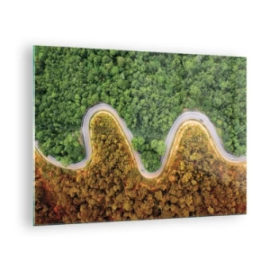 Tablou pe sticlă - Un drum șerpuitor printr-o pădure densă, văzut din perspectiva unei păsări - 70x50cm - Frontiere și defilee - Decorațiune modernă pentru perete pentru living și dormitor ARTTOR