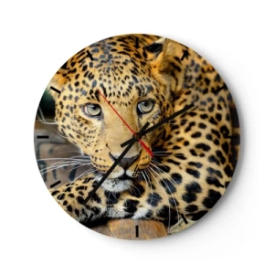 Ceas de perete - Ceas pe sticlă - Portretul unui leopard cu o privire intensă - 30x30cm - Nu-ți fie teamă, apropie-te - Decorațiune modernă pentru perete pentru living, bucătărie și dormitor ARTTOR