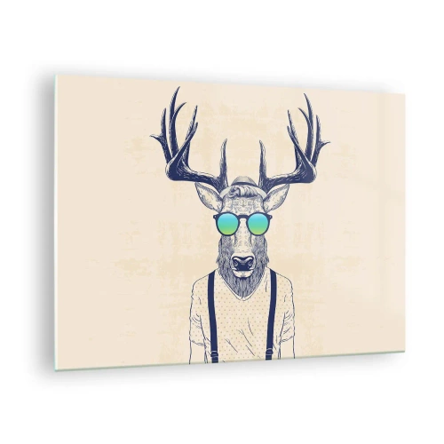 Tablou pe sticlă - Un cerb elegant cu ochelari de soare pe un fundal deschis - 70x50cm - Și la cine te așteptai? - Decorațiune modernă pentru perete pentru living și dormitor ARTTOR