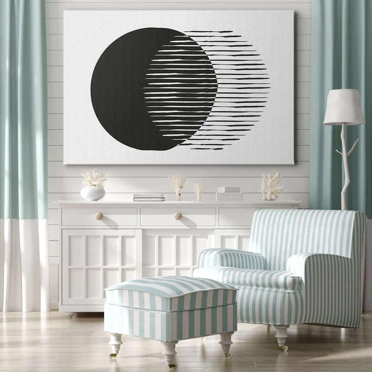 Tablou pe pânză Canvas - Două cercuri suprapuse cu linii albe și negre - 70x50cm - Alter ego-ul său - Decorațiune modernă pentru perete pentru living și dormitor ARTTOR