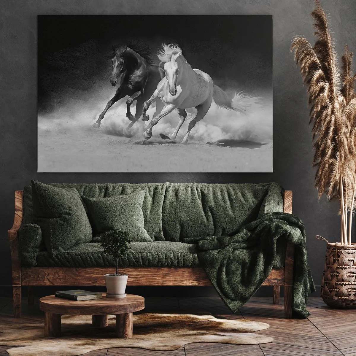 Tablou pe pânză Canvas - Cai alergând în alb și negru - 70x50cm - Galopul libertății - Decorațiune modernă pentru perete pentru living și dormitor ARTTOR