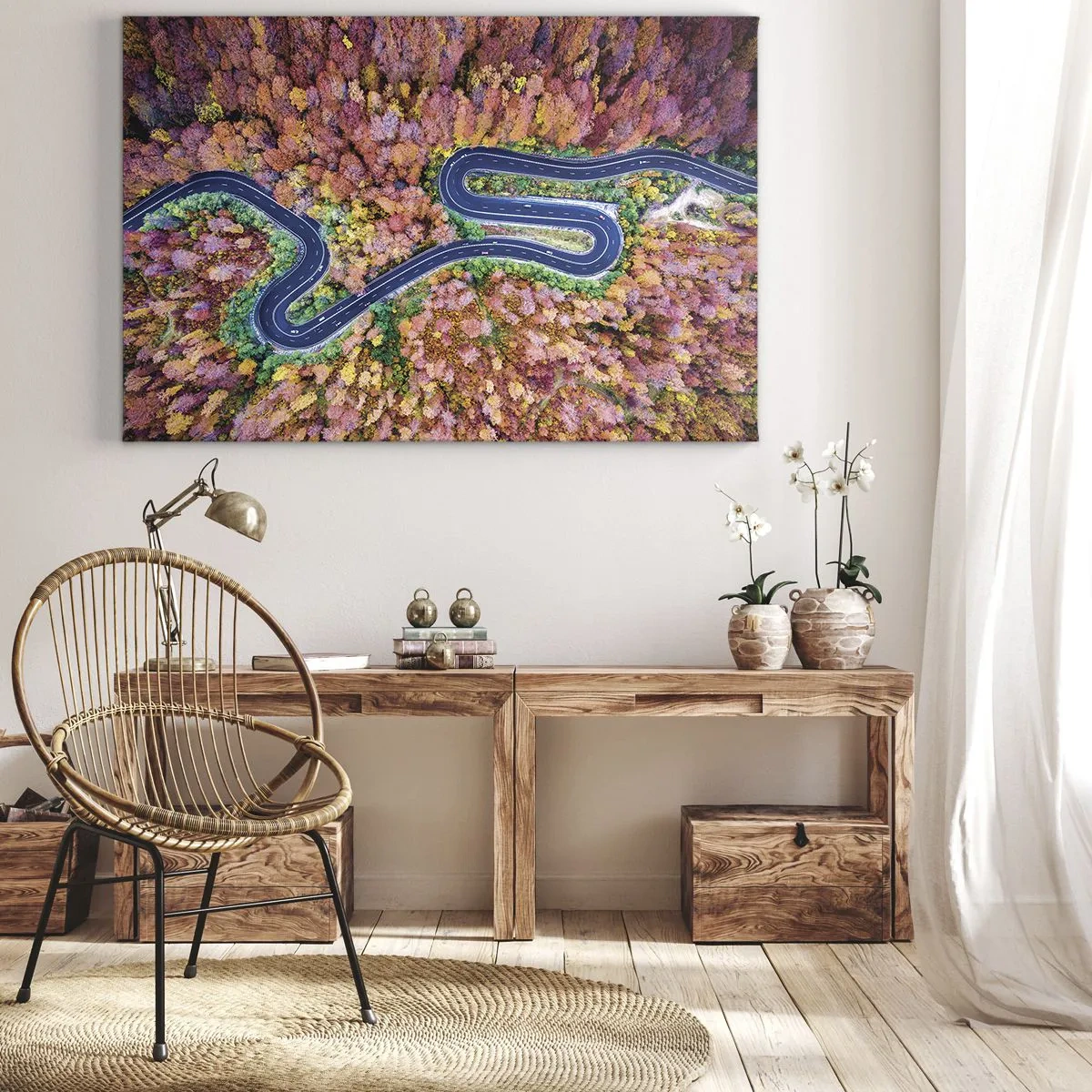 Tablou pe pânză Canvas - Un drum șerpuitor într-o pădure de toamnă văzut din perspectiva unei păsări - 70x50cm - Un drum șerpuit prin pădure - Decorațiune modernă pentru perete pentru living și dormitor ARTTOR
