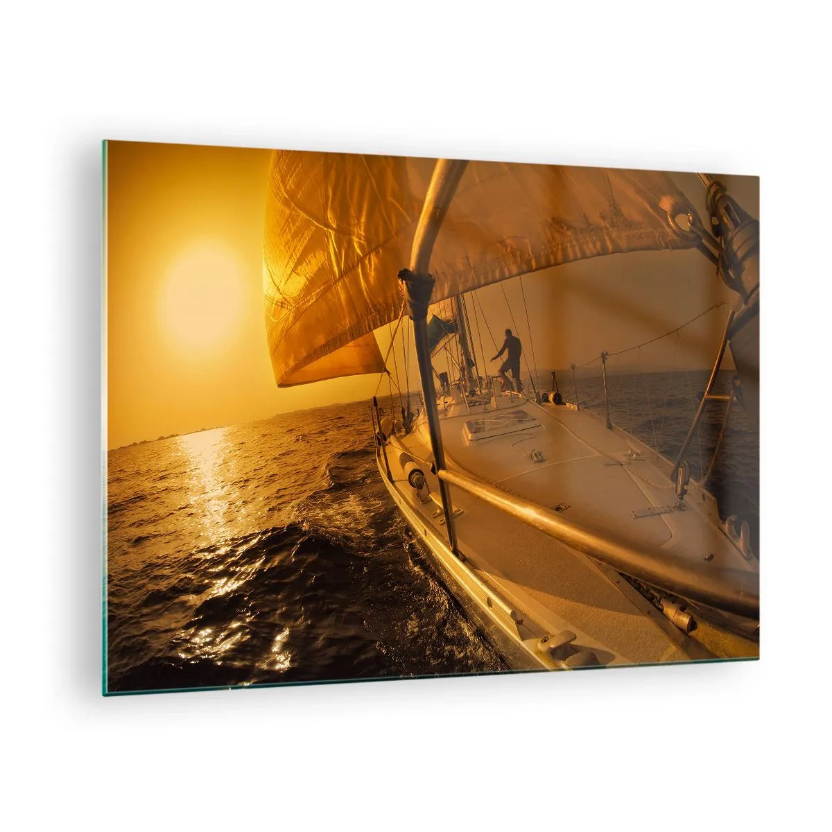 Tablou pe sticlă - O barcă cu pânze pe fundalul soarelui care apune - 70x50cm - O seară aurie după o zi multicoloră - Decorațiune modernă pentru perete pentru living și dormitor ARTTOR