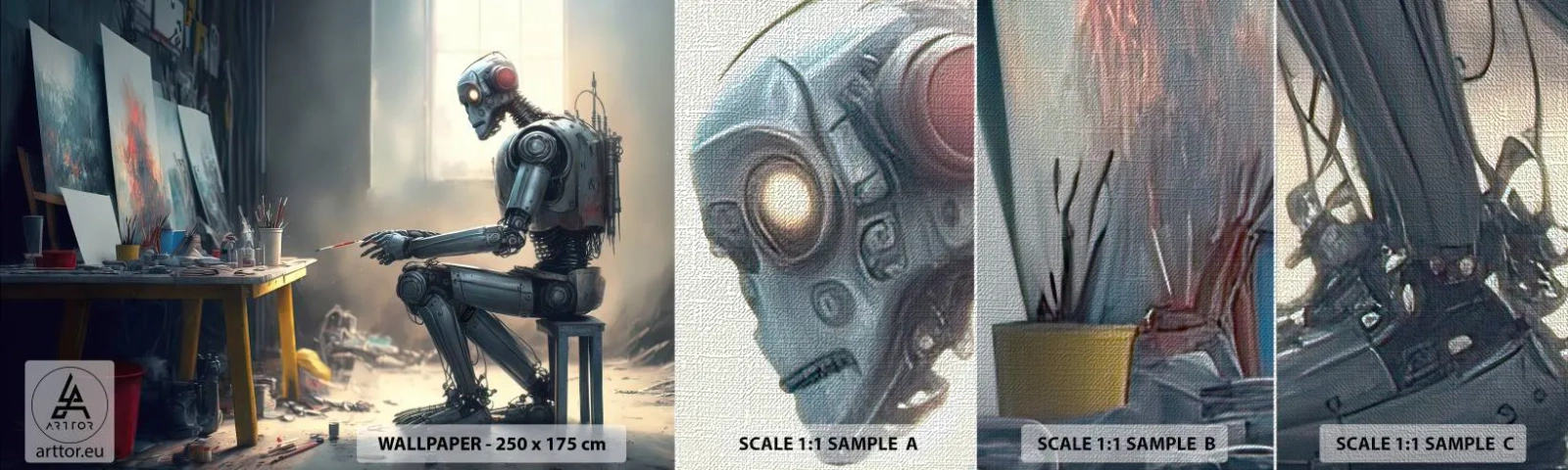 Mostră tapet Premium Canvas - Actul de creație - Bucată, Pictura, Robot - 100x30 cm