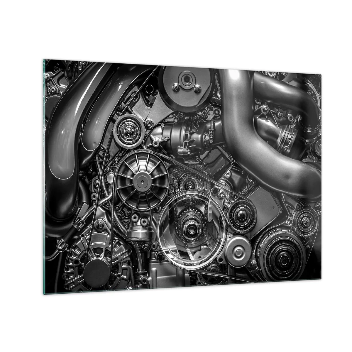 Tablou pe sticlă - Detaliu al unui motor alb-negru cu mecanisme vizibile - 70x50cm - Poezia mecanicii - Decorațiune modernă pentru perete pentru living și dormitor ARTTOR
