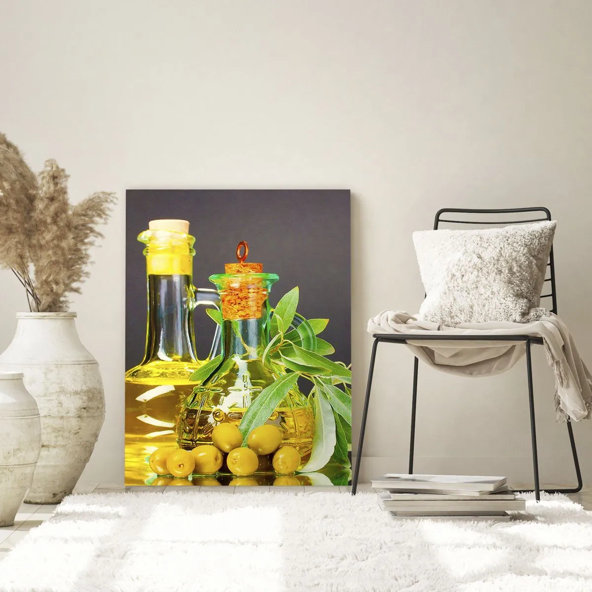 Tablou pe sticlă - Natură moarte cu măsline și ulei - 50x70 cm