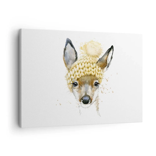 Tablou pe pânză Canvas - Cerb în acuarelă cu o căciulă galbenă - 70x50cm - Pentru iarnă într-o pădure înzăpezită - Decorațiune modernă pentru perete pentru living și dormitor ARTTOR