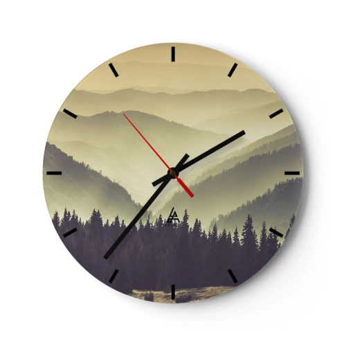 Ceas de perete - Ceas pe sticlă - Dealuri împădurite cu vedere la un peisaj cețos - 30x30cm - Dincolo de munți... - Decorațiune modernă pentru perete pentru living, bucătărie și dormitor ARTTOR