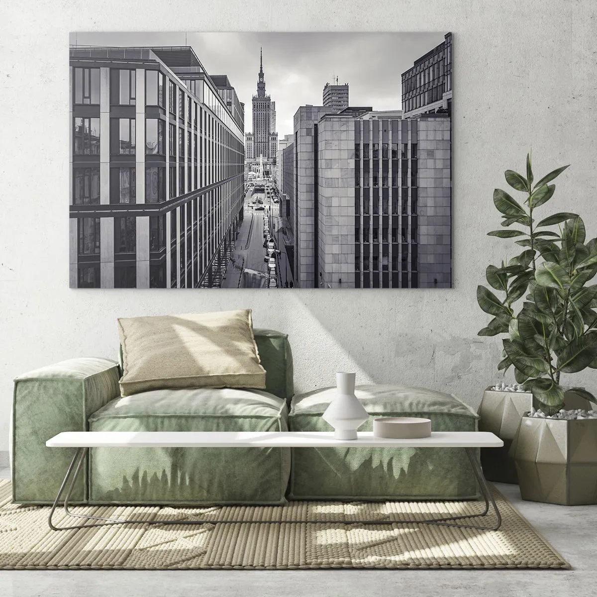 Tablou pe sticlă - Vedere a orașului alb-negru cu zgârie-nori și o stradă - 70x50cm - Vale citadină din Varșovia - Decorațiune modernă pentru perete pentru living și dormitor ARTTOR