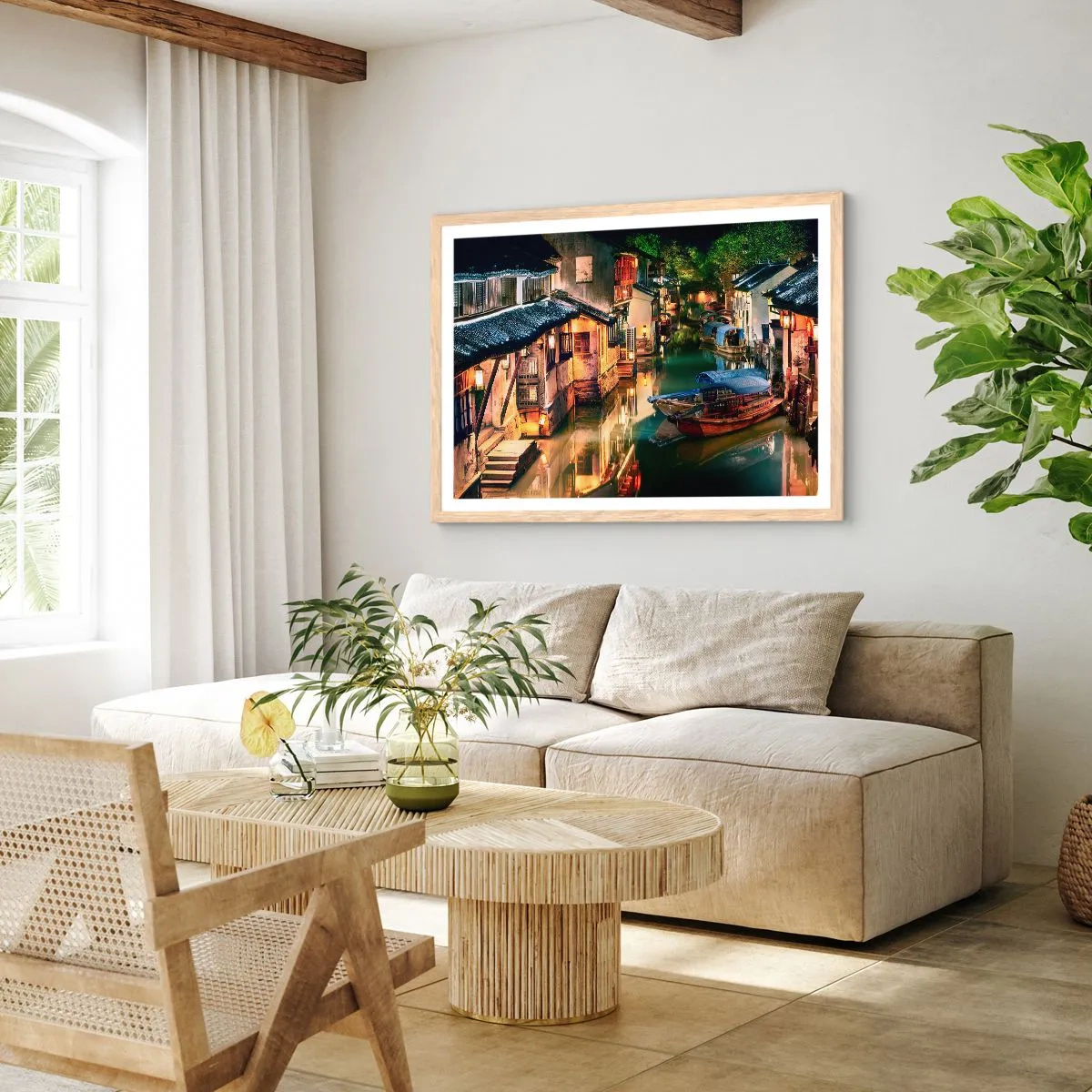 Poster în ramă de stejar deschis - O seară pe o stradă chinezească - 100x70 cm