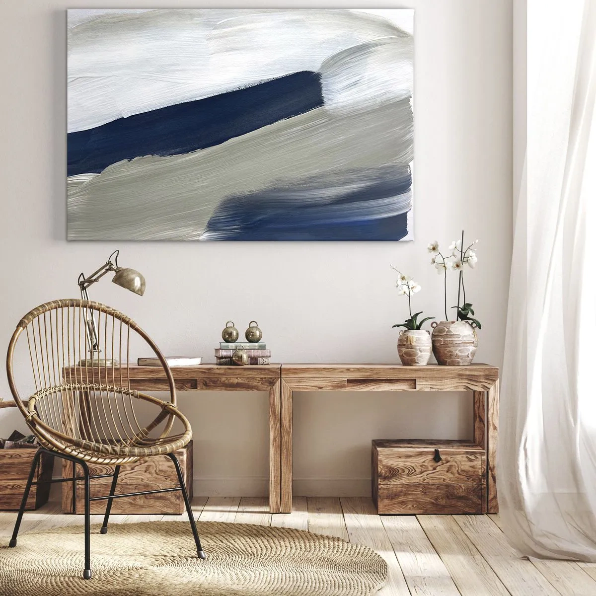 Tablou pe pânză Canvas - Tușe abstracte de pensulă în nuanțe de albastru și gri - 70x50cm - Întâlnire cu albul - Decorațiune modernă pentru perete pentru living și dormitor ARTTOR