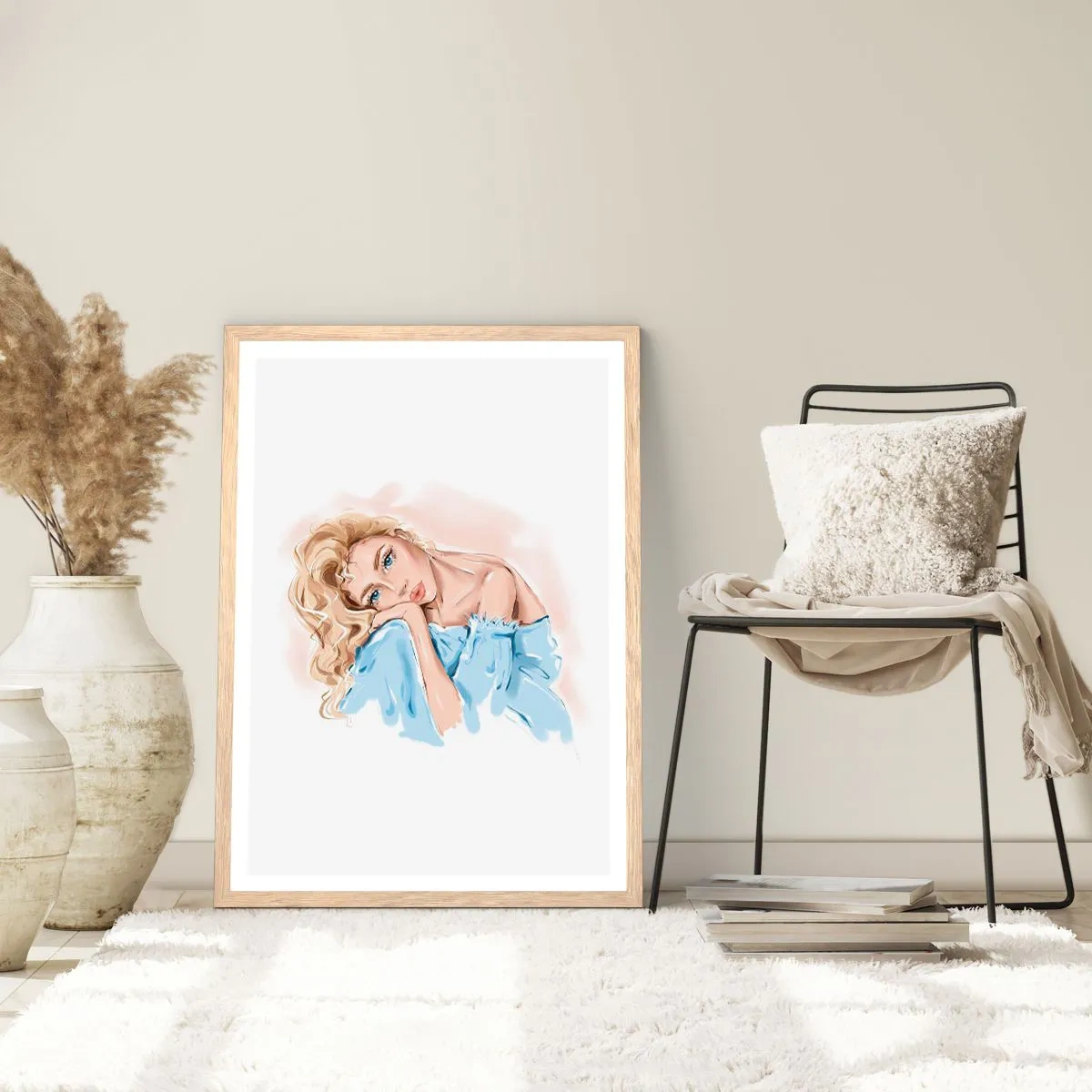 Poster în ramă de stejar deschis - Scufundată în vis albastru - 50x70 cm