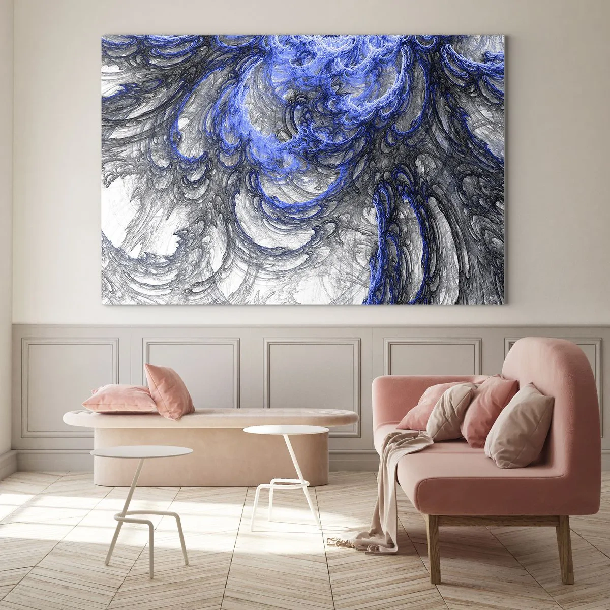 Tablou pe sticlă - Abstracție dinamică în nuanțe de albastru și gri - 70x50cm - Nașterea unui val - Decorațiune modernă pentru perete pentru living și dormitor ARTTOR